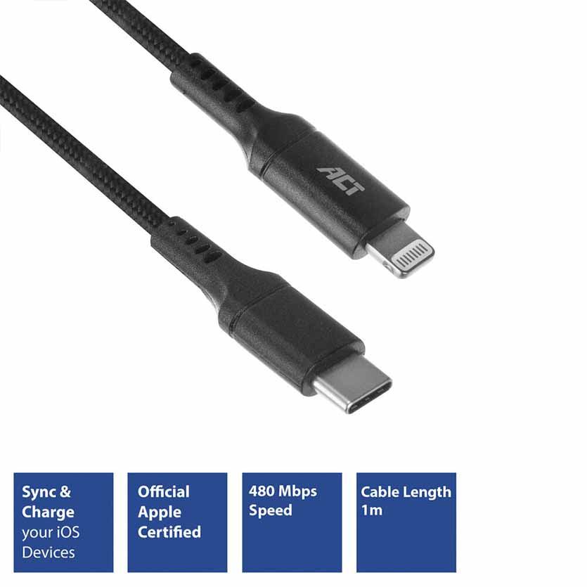 AC3095 1M, USB TYPE-C TO APPLE LIGHTNING CHARGE-AND SYNC CABLE, ACT