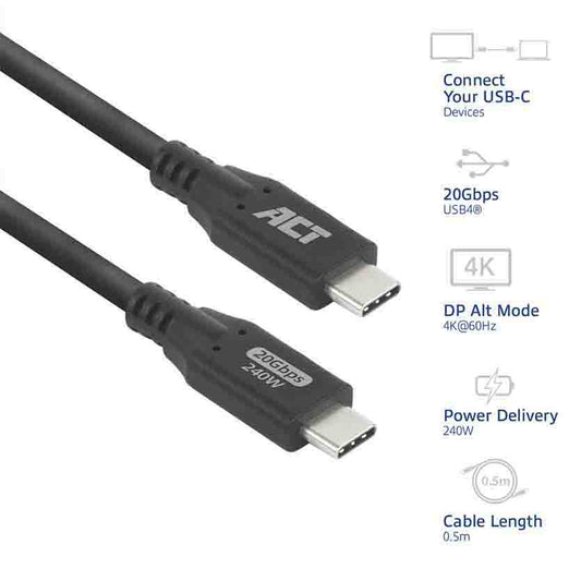 AC7421 1m 20Gbps USB4 240W USB TYPE-C CABLE, BLACK, ACT