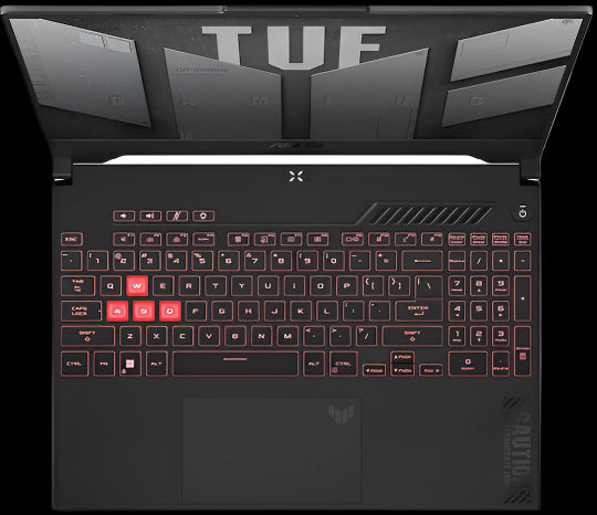 Gaming laptop with TUF branding on a black background