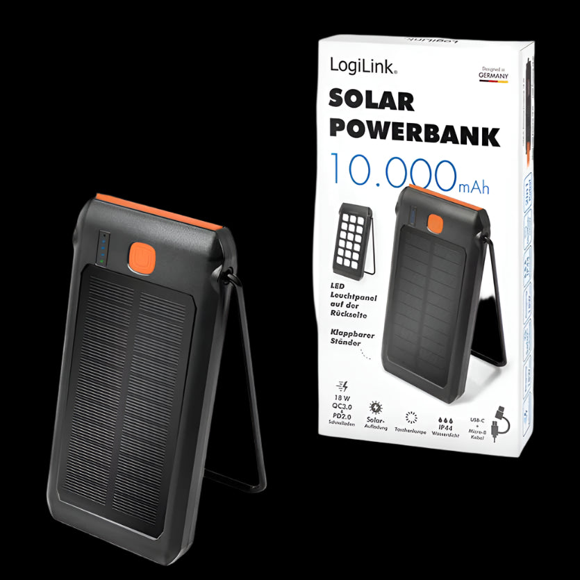PA0273 SOLAR POWERBANK 10000mAh 2 x USB-A & 1 x USB-C PD, FLASHLIGHT LOGILINK