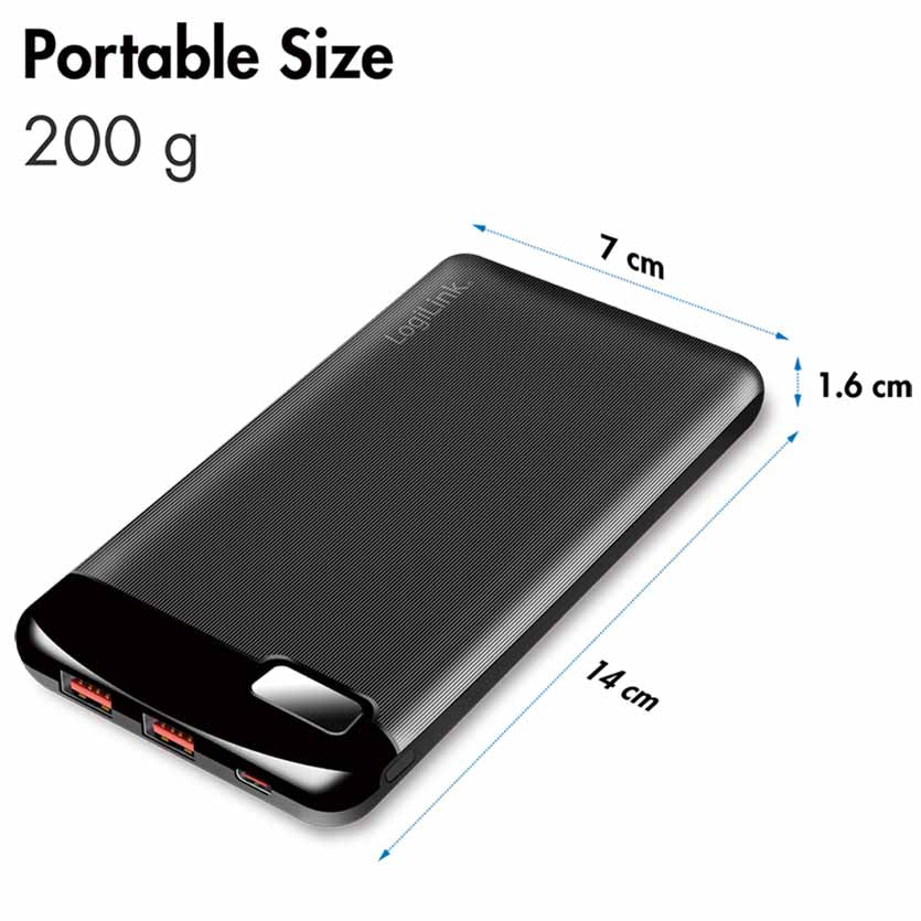 PA0286 POWERBANK 10000mAh 2 x USB-A, 1xUSB-C, w/DISPLAY PD & QC BLACK, LOGILINK
