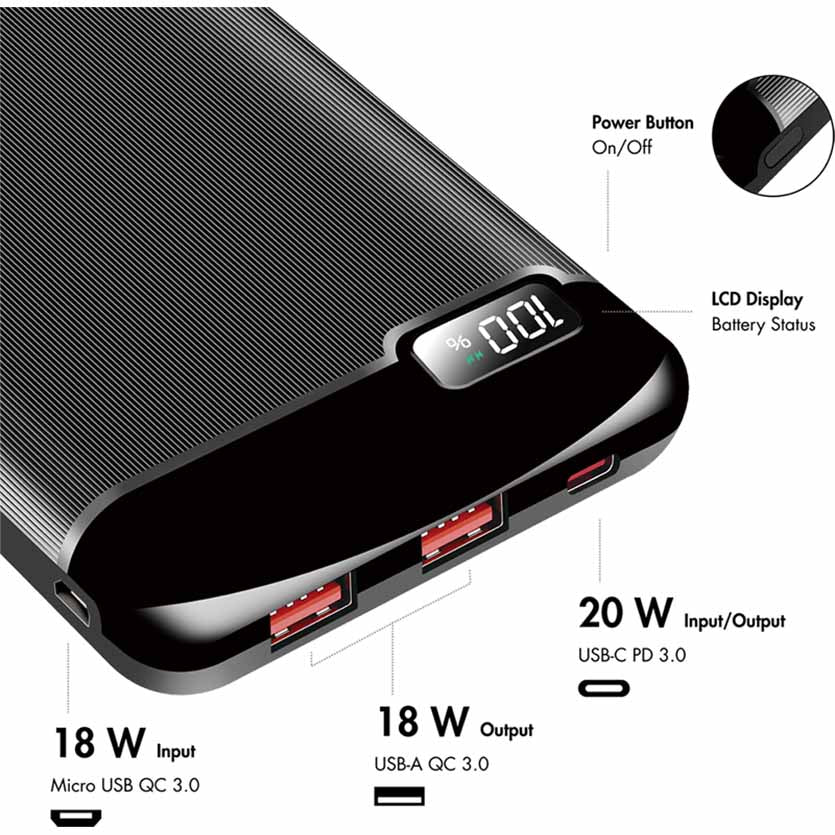 PA0286 POWERBANK 10000mAh 2 x USB-A, 1xUSB-C, w/DISPLAY PD & QC BLACK, LOGILINK