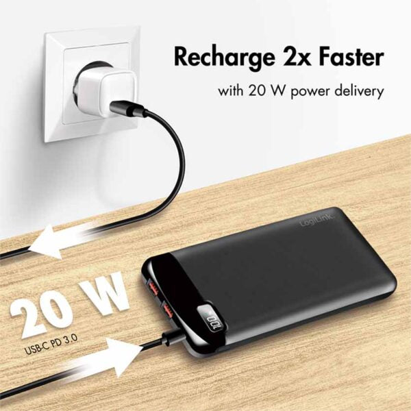 PA0286 POWERBANK 10000mAh 2 x USB-A, 1xUSB-C, w/DISPLAY PD & QC BLACK, LOGILINK