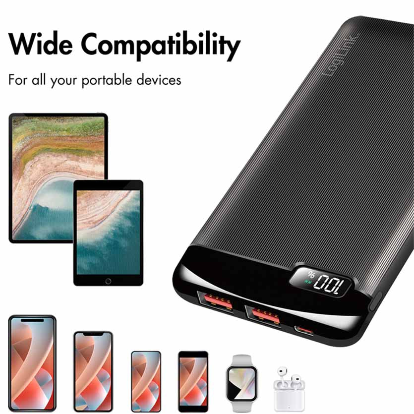 PA0286 POWERBANK 10000mAh 2 x USB-A, 1xUSB-C, w/DISPLAY PD & QC BLACK, LOGILINK