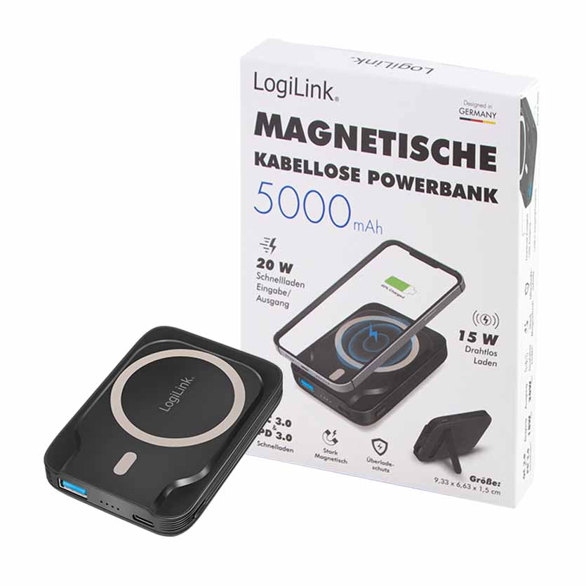 PA0287 POWERBANK 5000mAh WIRELESS CHARGING, USB-C + USB-A BLACK, LOGILINK