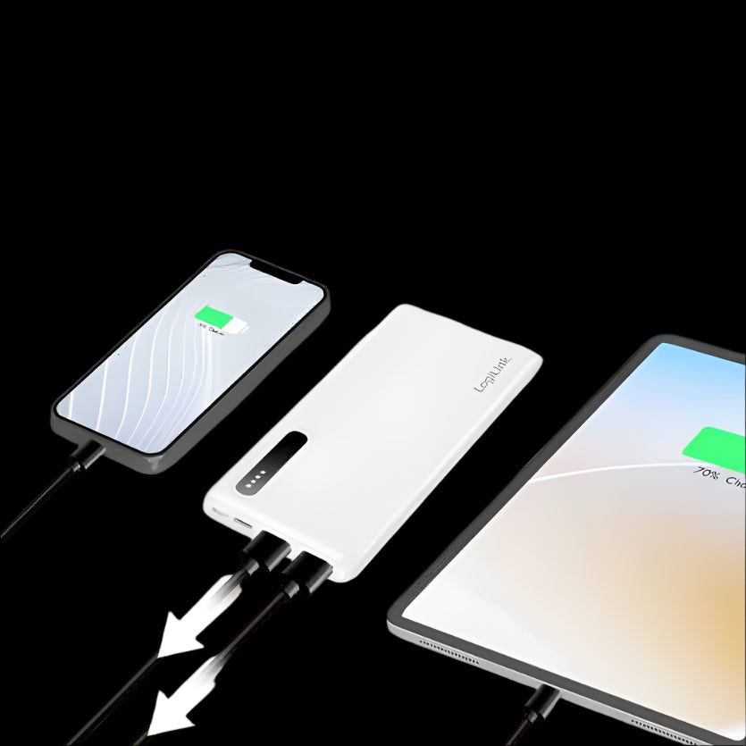 PA0311W POWER BANK 8000mAh, 2x USB-A, 2in1 CABLE, WHITE, LOGILINK
