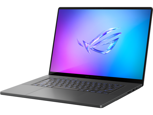 Laptop with a colorful display and logo on a white background