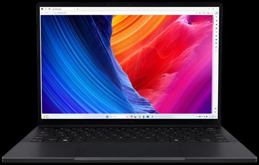 Black laptop with colorful display on a white background