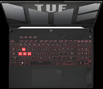 Gaming laptop with TUF branding on a black background