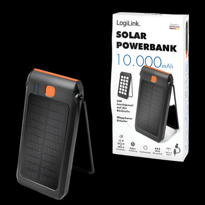 PA0273 SOLAR POWERBANK 10000mAh 2 x USB-A & 1 x USB-C PD, FLASHLIGHT LOGILINK
