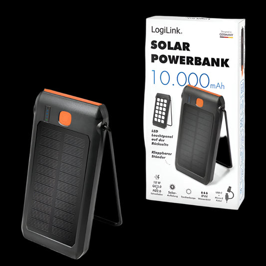 PA0273 SOLAR POWERBANK 10000mAh 2 x USB-A & 1 x USB-C PD, FLASHLIGHT LOGILINK