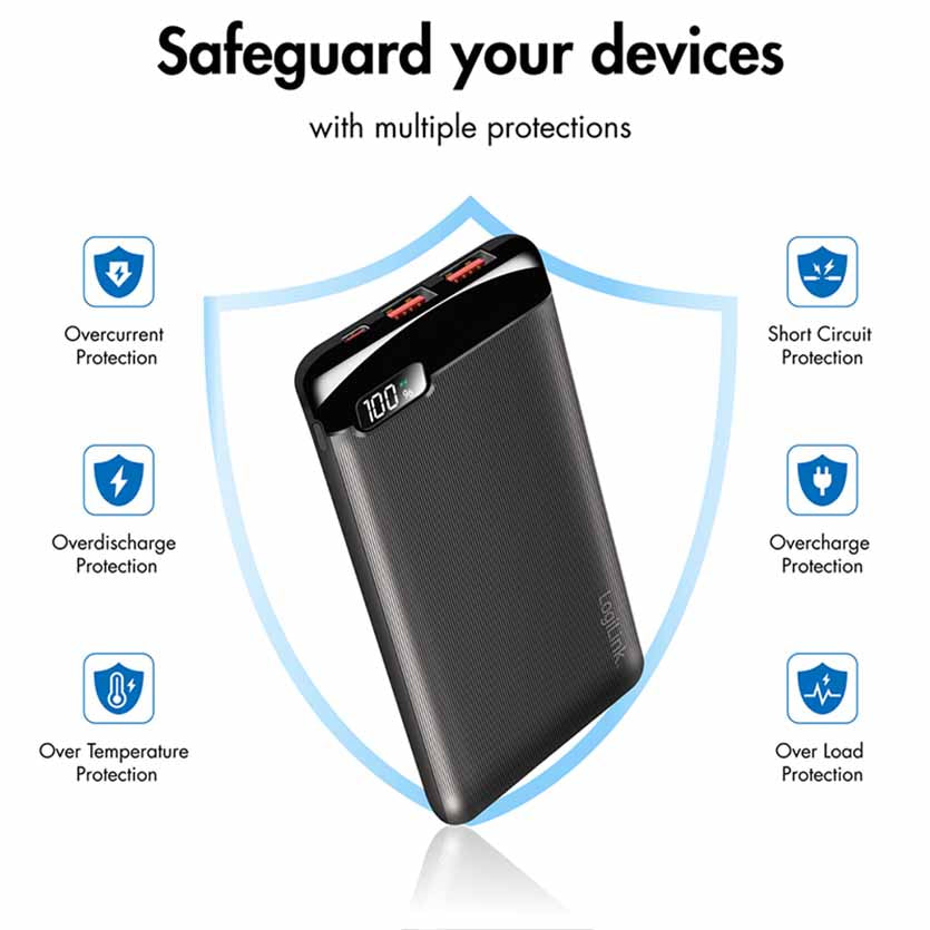 PA0286 POWERBANK 10000mAh 2 x USB-A, 1xUSB-C, w/DISPLAY PD & QC BLACK, LOGILINK