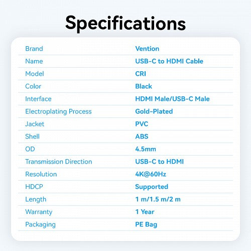 Vention Converter USB-C to HDMI Cable 4K60Hz 1.5m CRIBG